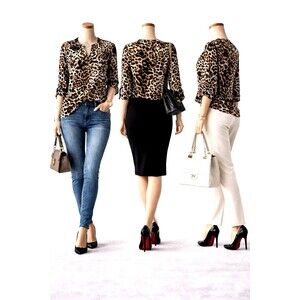 Como Black Leopard Print Blouse Women S mall Animal Pint Top Roll Tab Sleeve Y2K